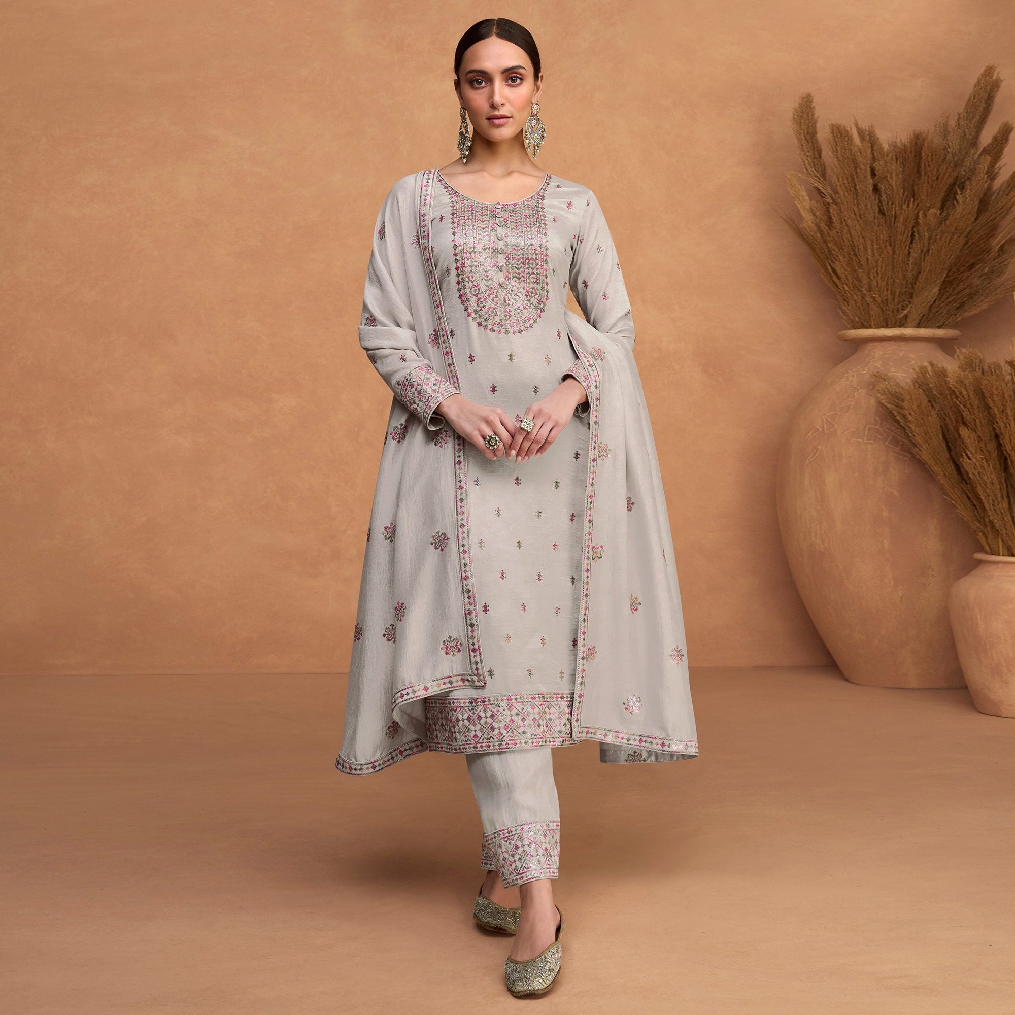 Grey Sequins Embroidered Pure Silk Semi Stitched Suit