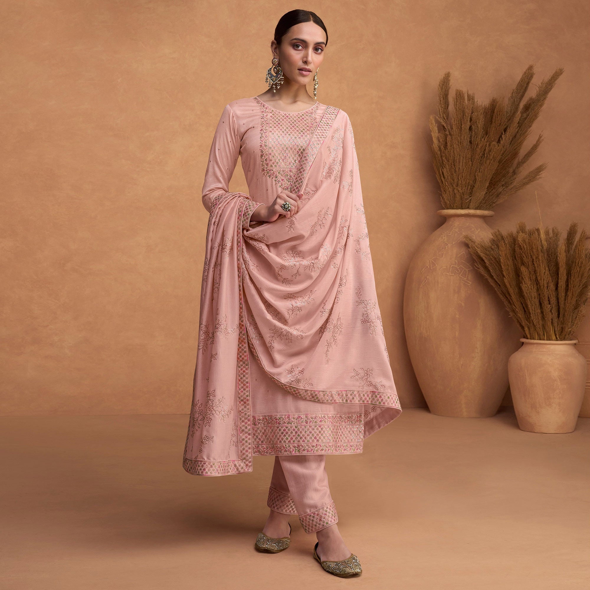 Peach Sequins Embroidered Pure Silk Semi Stitched Suit