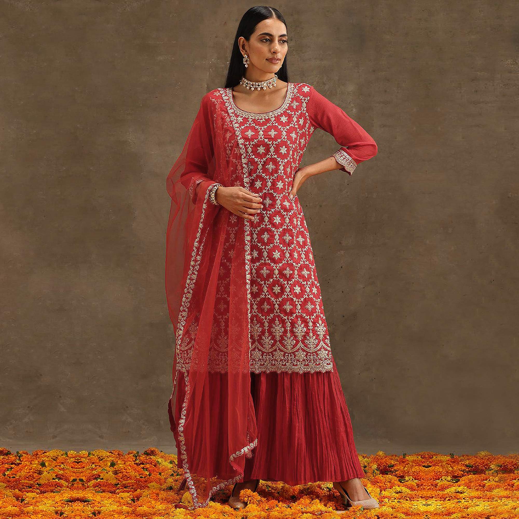 Red Embroidered Georgette Semi Stitched Suit
