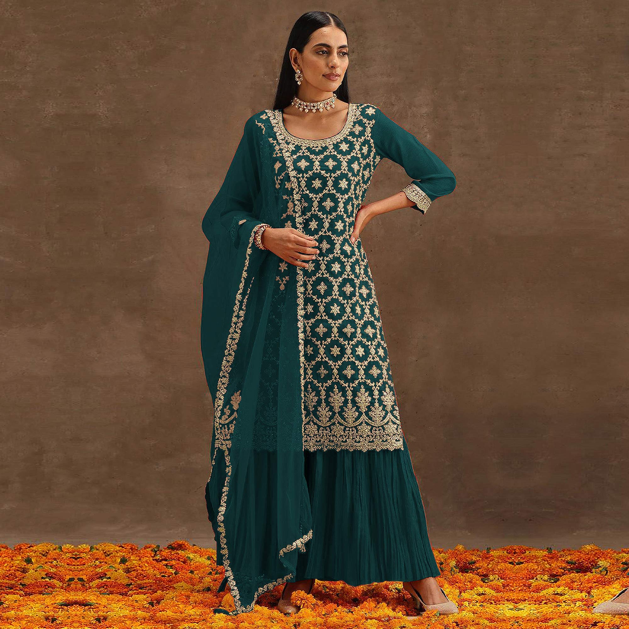 Green Embroidered Georgette Semi Stitched Suit