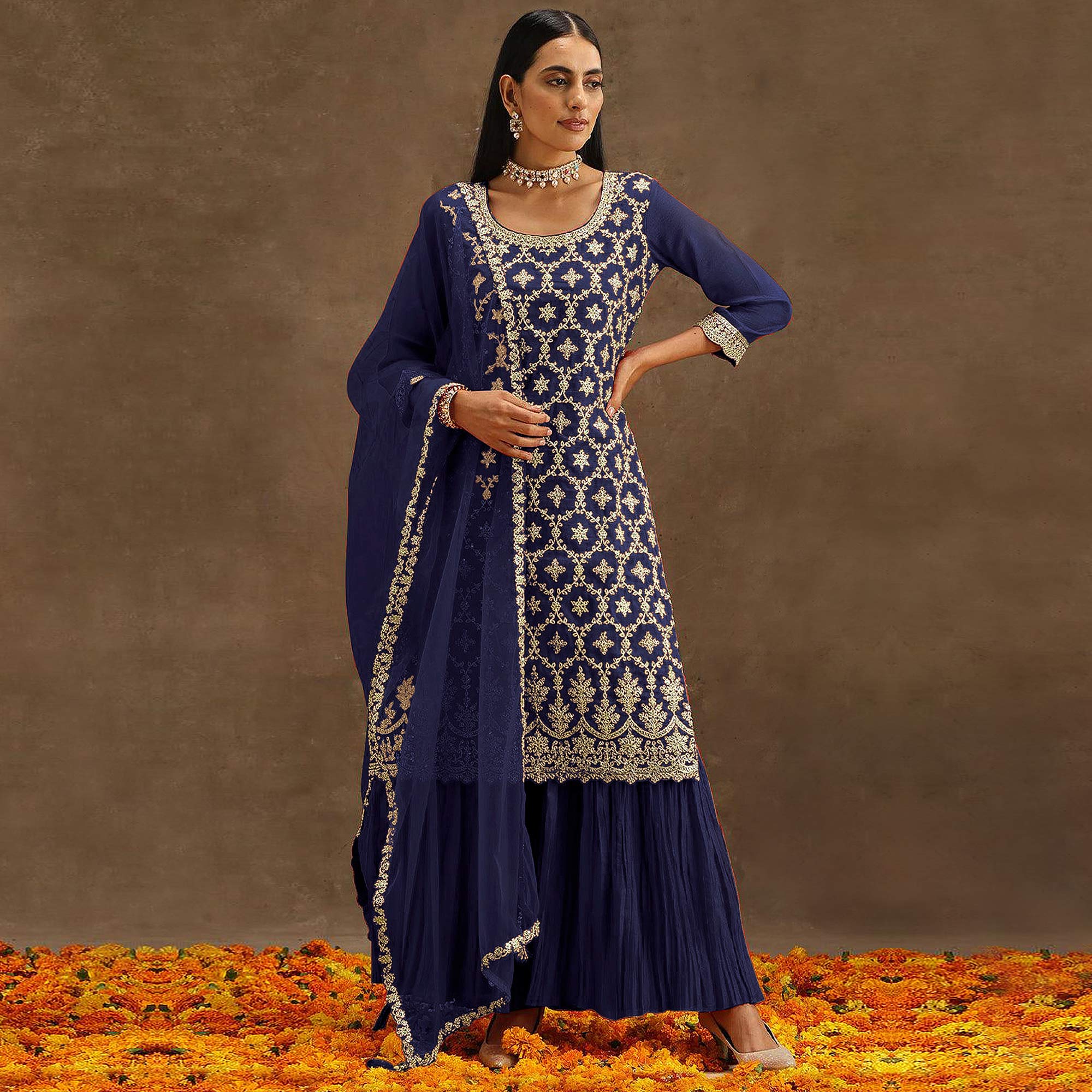 Blue Embroidered Georgette Semi Stitched Suit