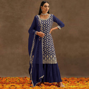 Blue Embroidered Georgette Semi Stitched Suit