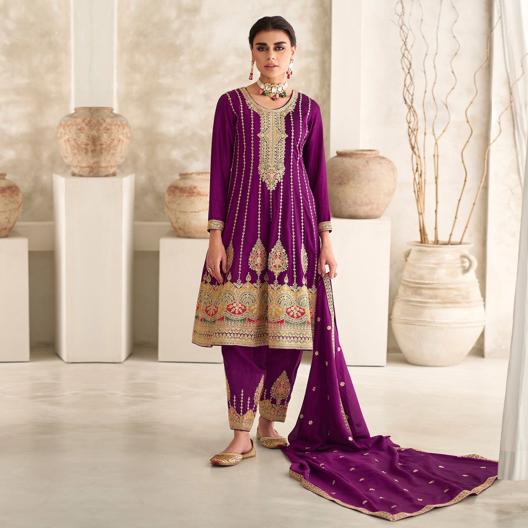 Wine Sequins Embroidered Georgette Semi Stitched Anarkali Suit