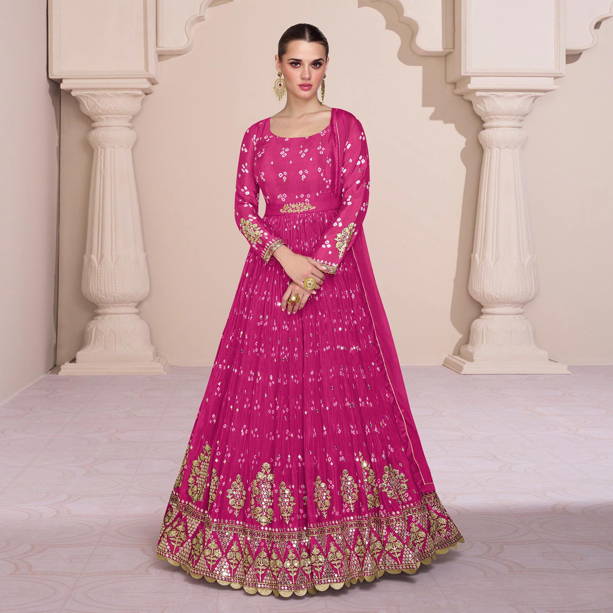 Pink Embroidered With Printed Georgette Semi Stitched Anarkali Suit