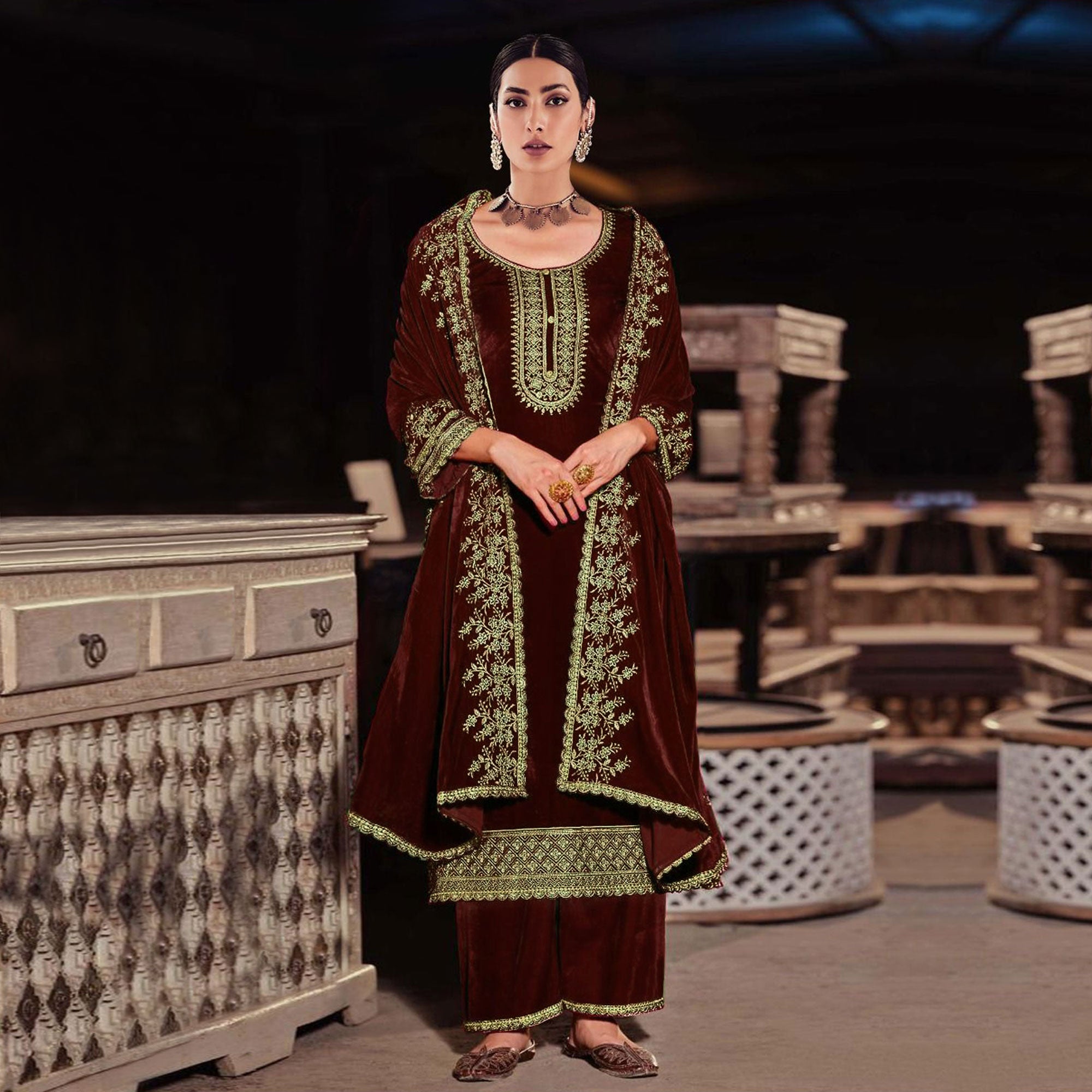Maroon Floral Embroidered Velvet Semi Stitched Suit
