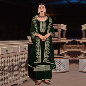 Green Floral Embroidered Velvet Semi Stitched Suit