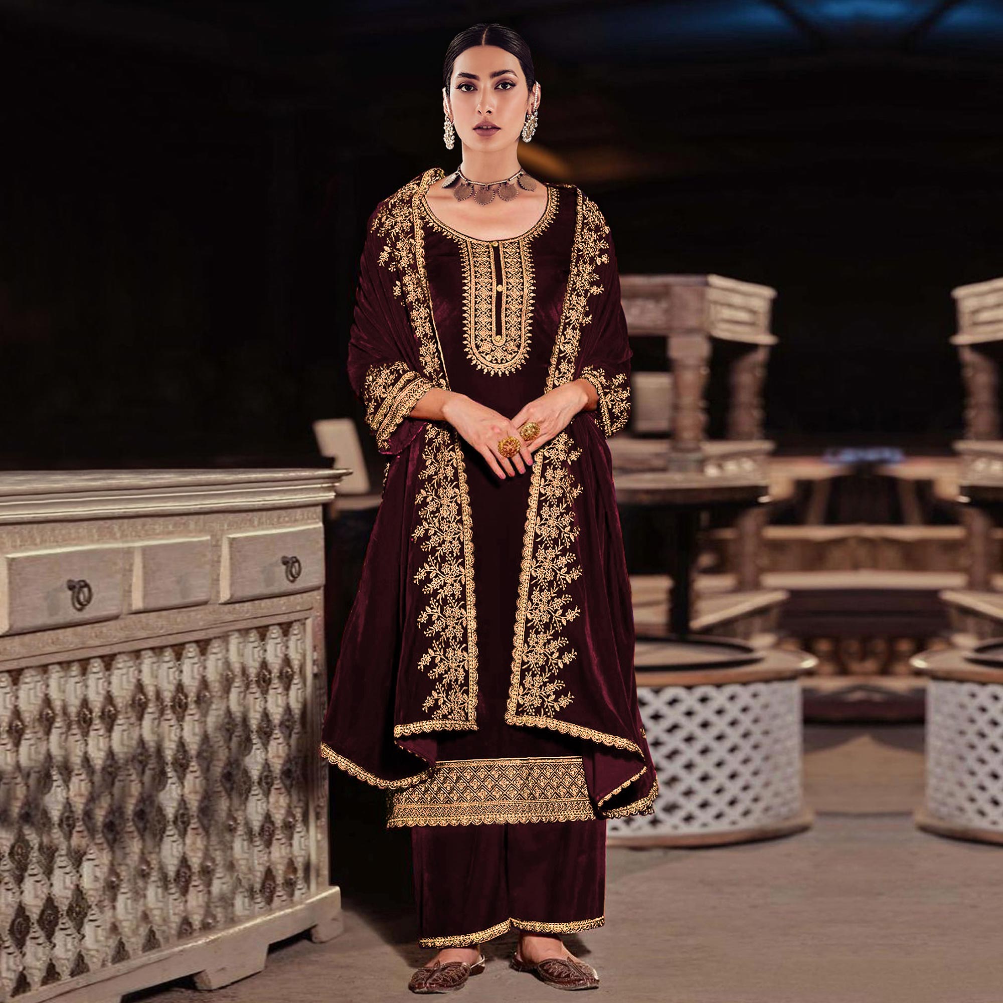 Wine Floral Embroidered Velvel Semi Stitched Suit