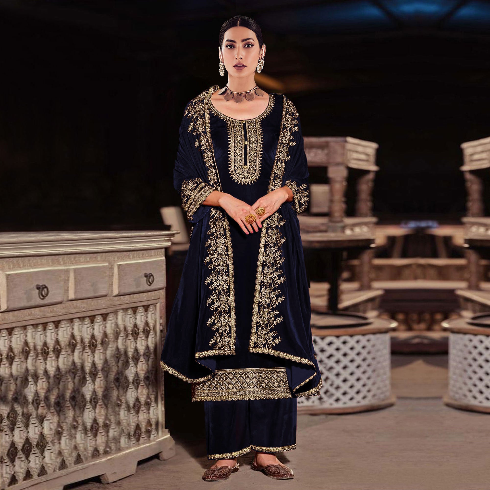 Blue Floral Embroidered Velvet Semi Stitched Suit