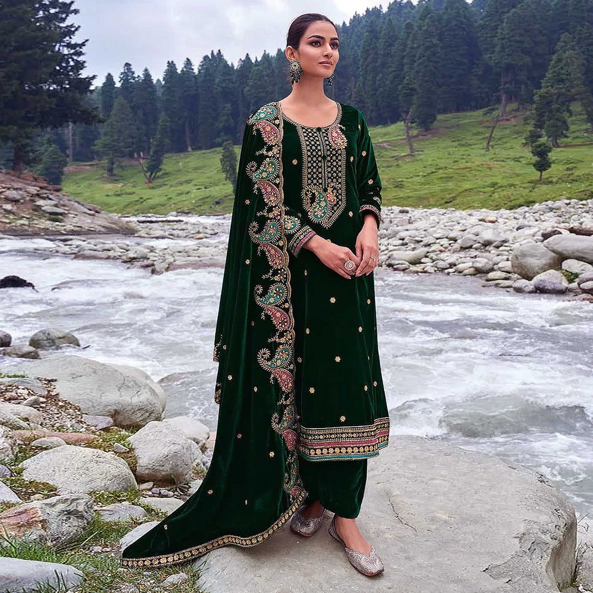 Green Floral Embroidered Velvet Semi Stitched Salwar Suit