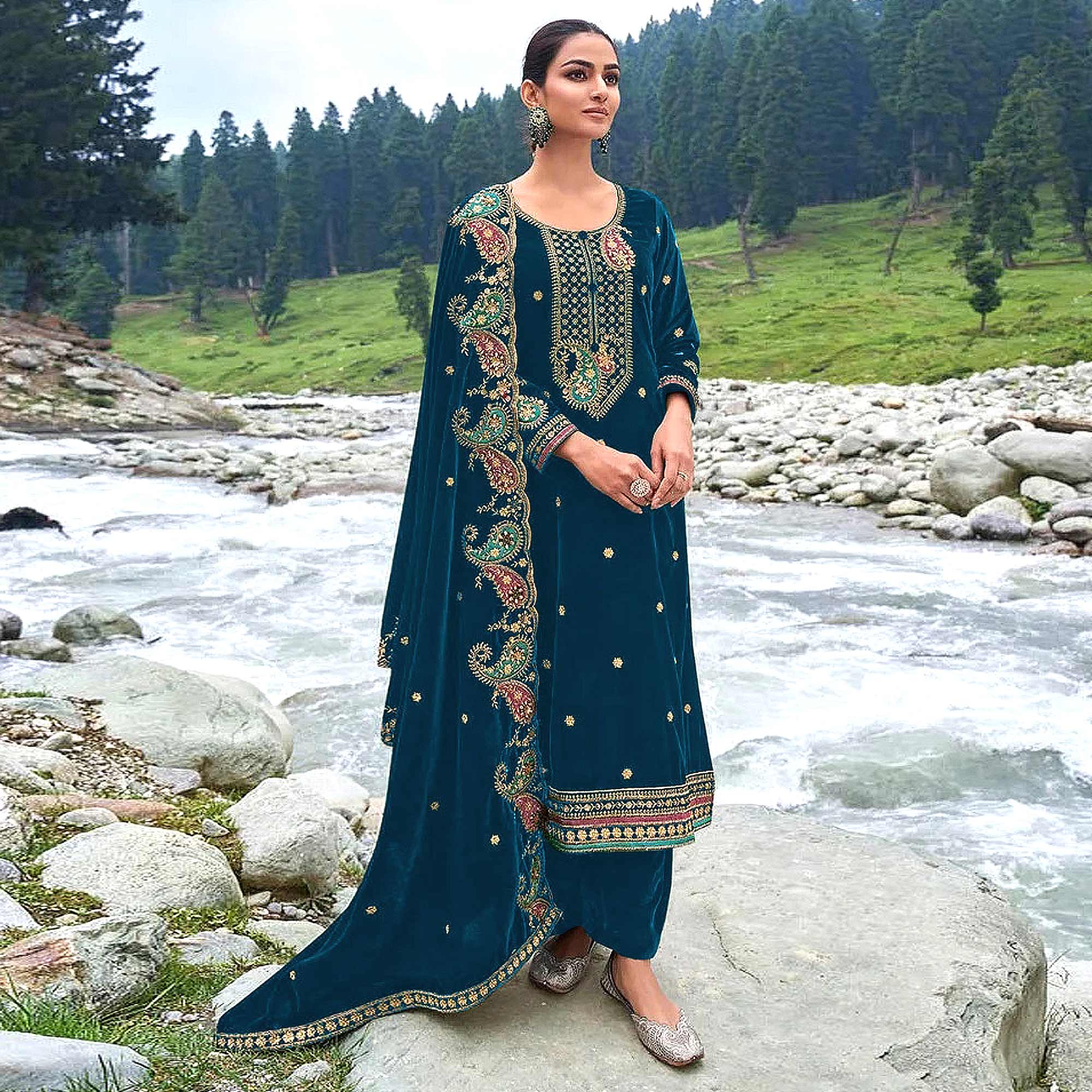 Teal Blue Floral Embroidered Velvet Semi Stitched Salwar Suit