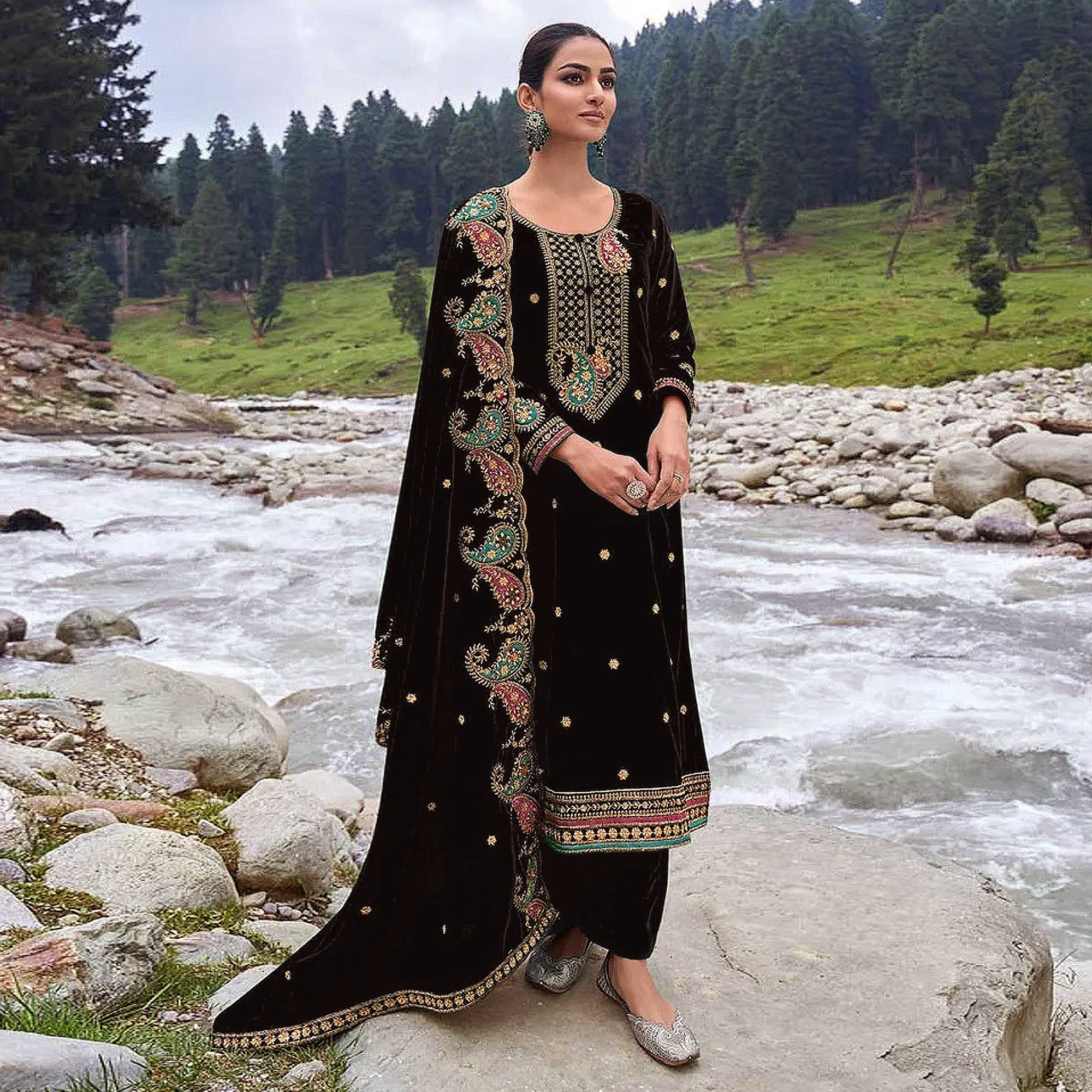 Black Floral Embroidered Velvet Semi Stitched Salwar Suit