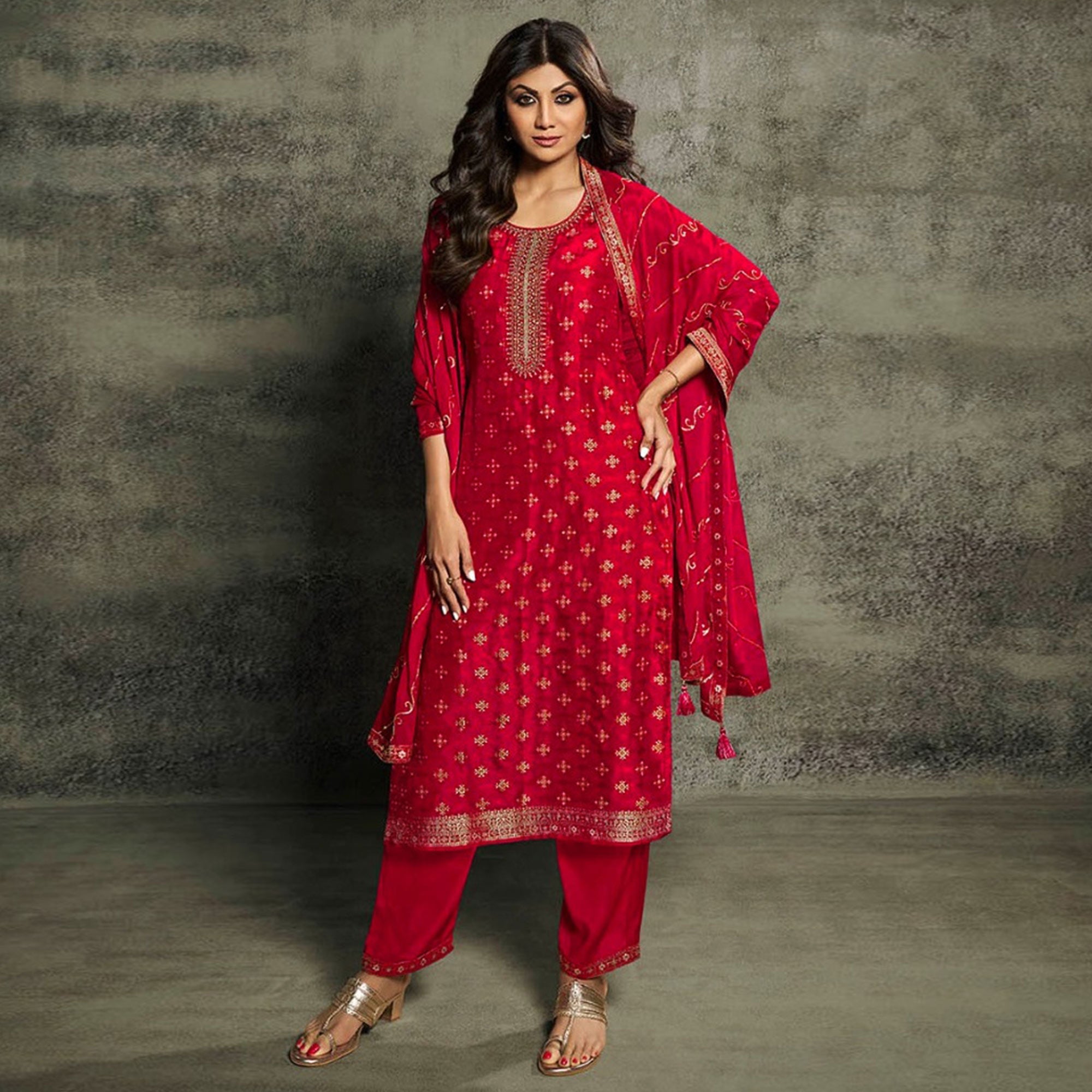 Red Floral Woven Jacquard Semi Stitched Salwar Suit