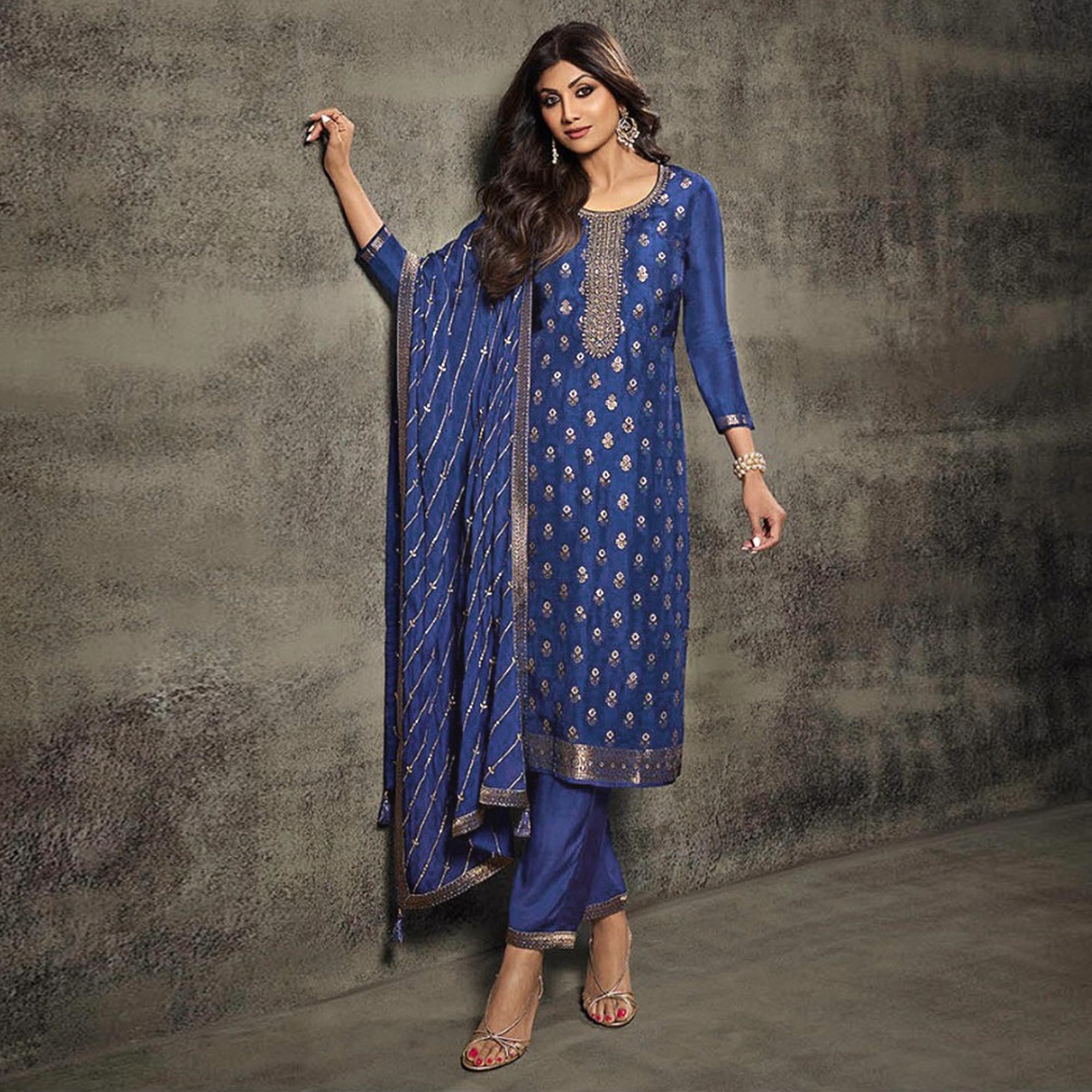 Blue Floral Woven Jacquard Semi Stitched Salwar Suit