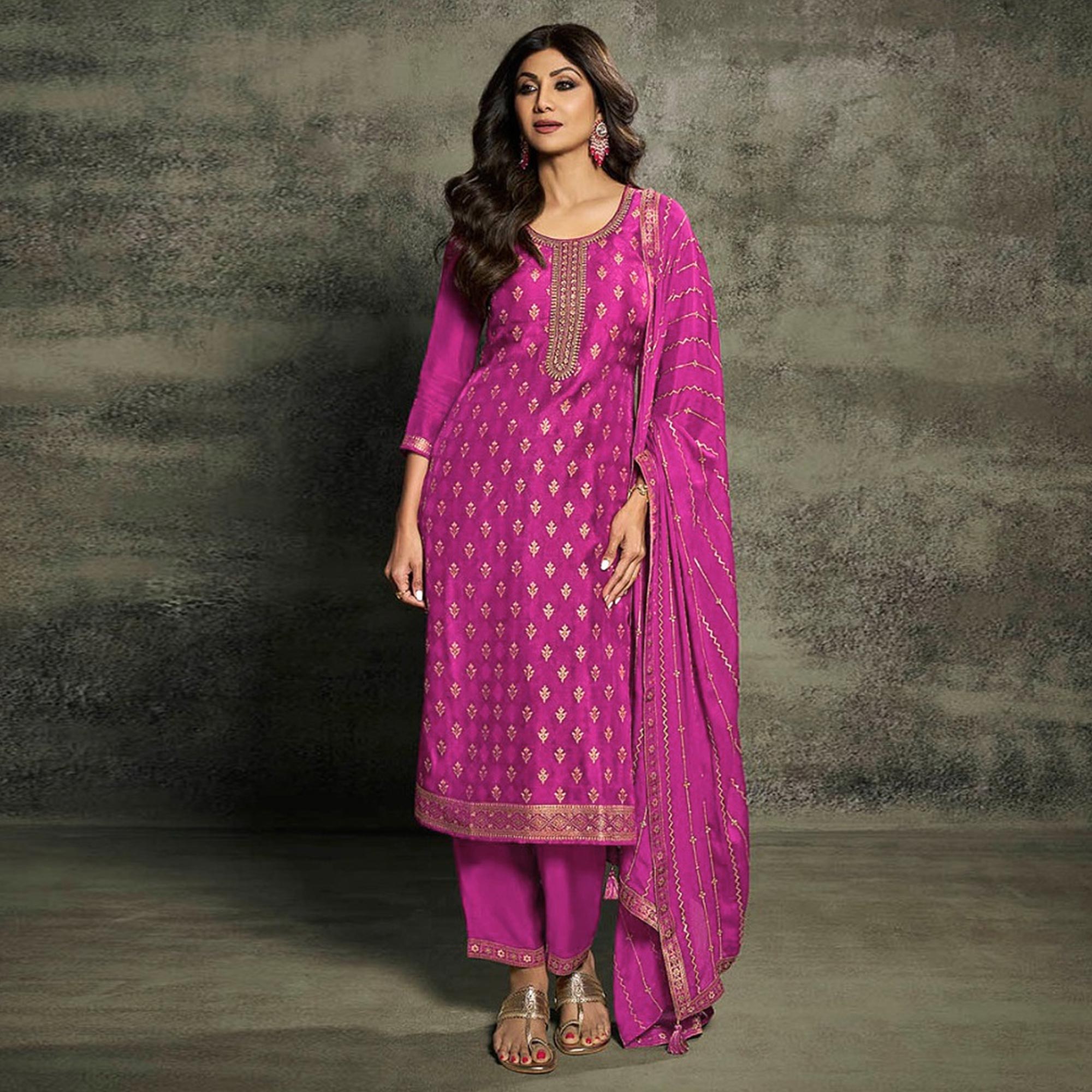 Rani Pink Floral Woven Jacquard Semi Stitched Salwar Suit