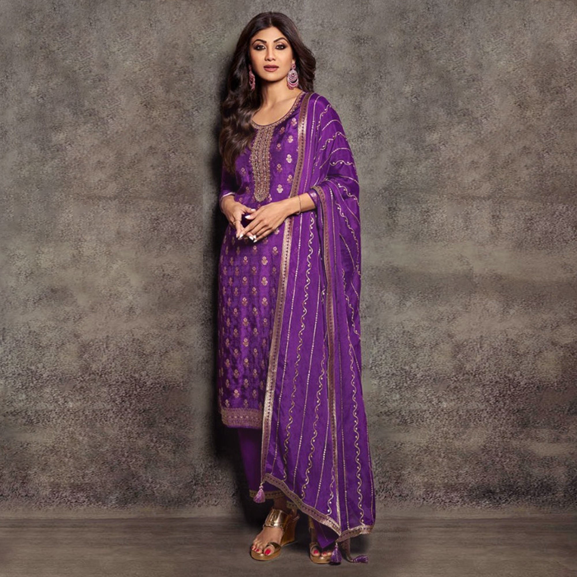 Purple Floral Woven Jacquard Semi Stitched Salwar Suit