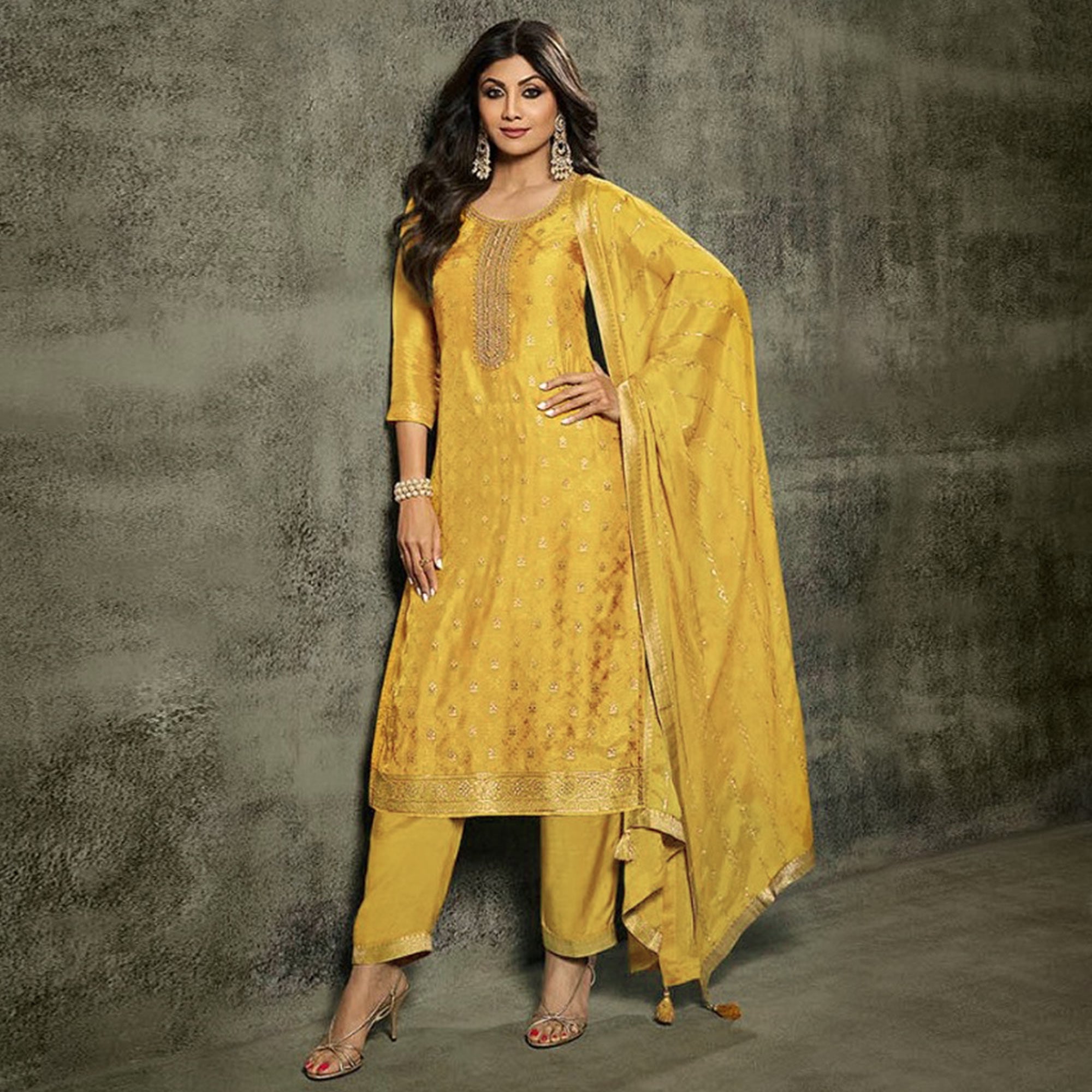 Yellow Floral Woven Jacquard Semi Stitched Salwar Suit