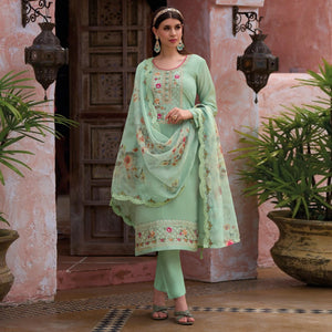 Green Floral Embroidered Viscose Semi Stitched Suit