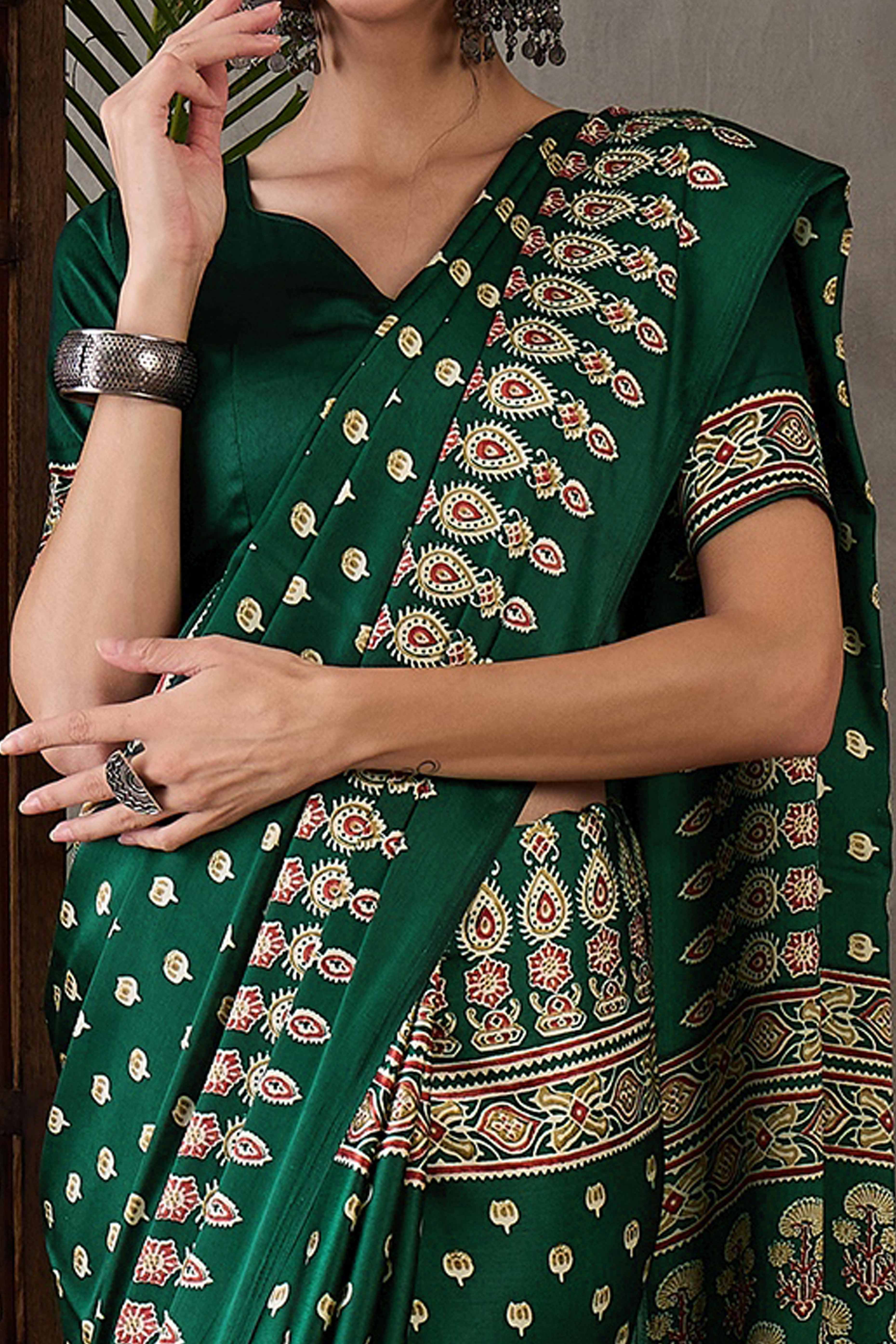 Green Ajrakh Inspired Printed Modal Satin Saree for Party Occasions