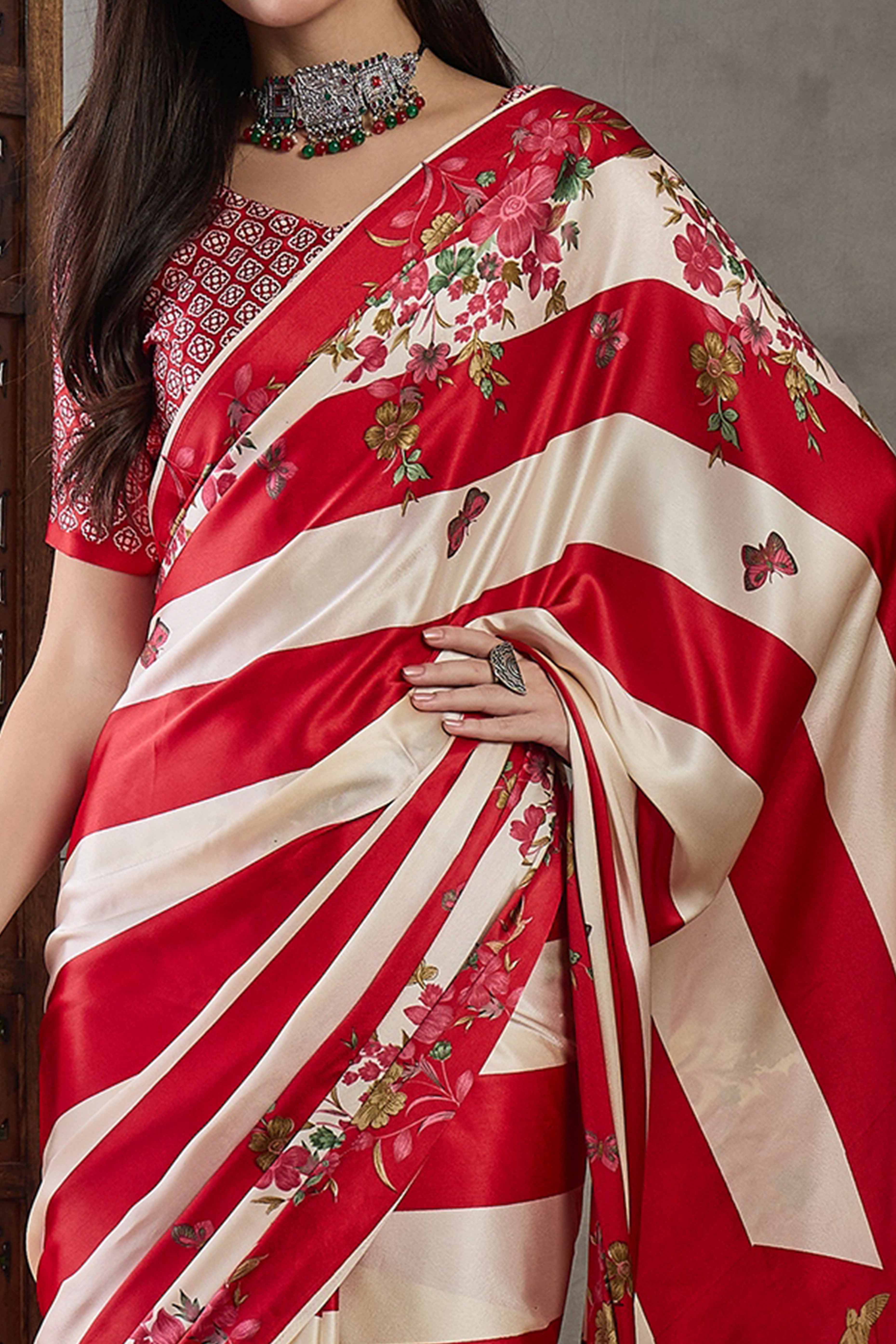 Red Floral Printed Modal Satin Party Wear Saree with a Smooth Satin Finish