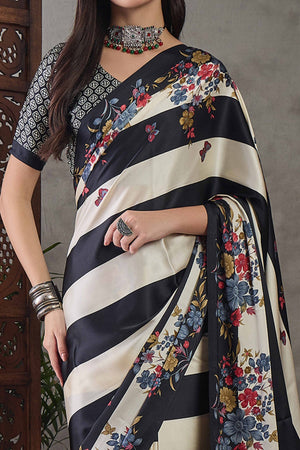 Black Floral Printed Modal Satin Party Wear Saree with a Smooth Satin Finish