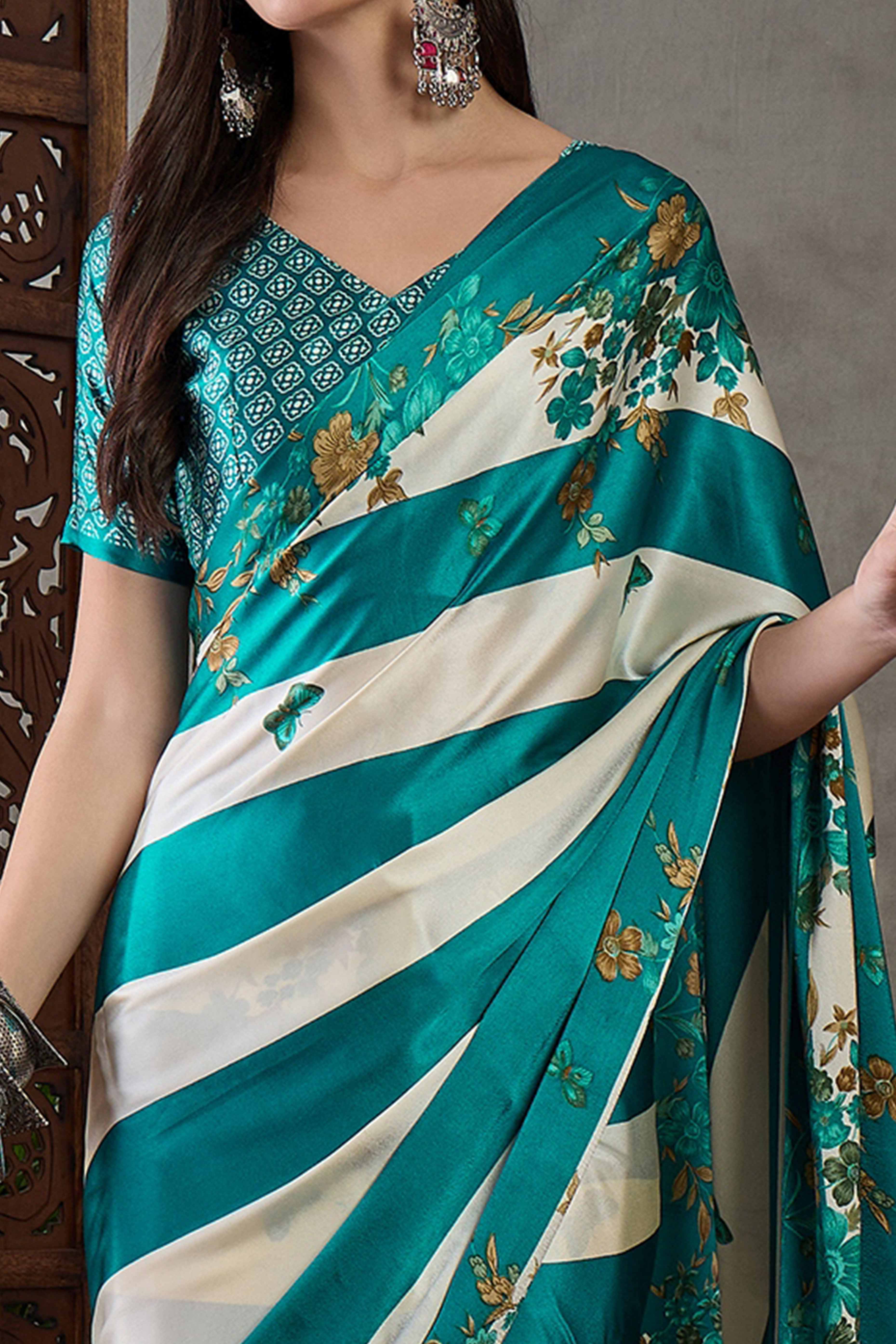 Rama Green Floral Printed Modal Satin Party Wear Saree with a Smooth Satin Finish