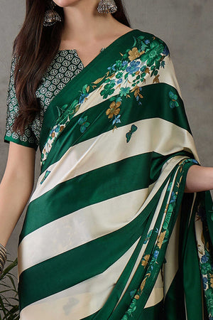 Green Floral Printed Modal Satin Party Wear Saree with a Smooth Satin Finish