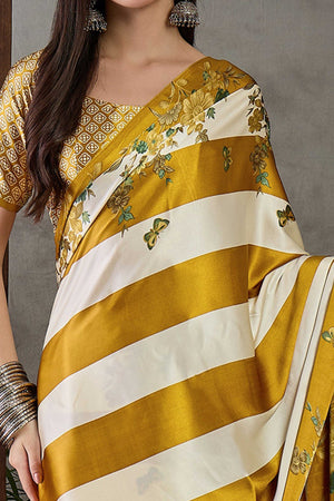 Olive Floral Printed Modal Satin Party Wear Saree with a Smooth Satin Finish