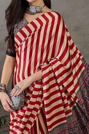 Red Modal Satin Saree with Subtle Stripe Design and Ajrakh Print on Pallu