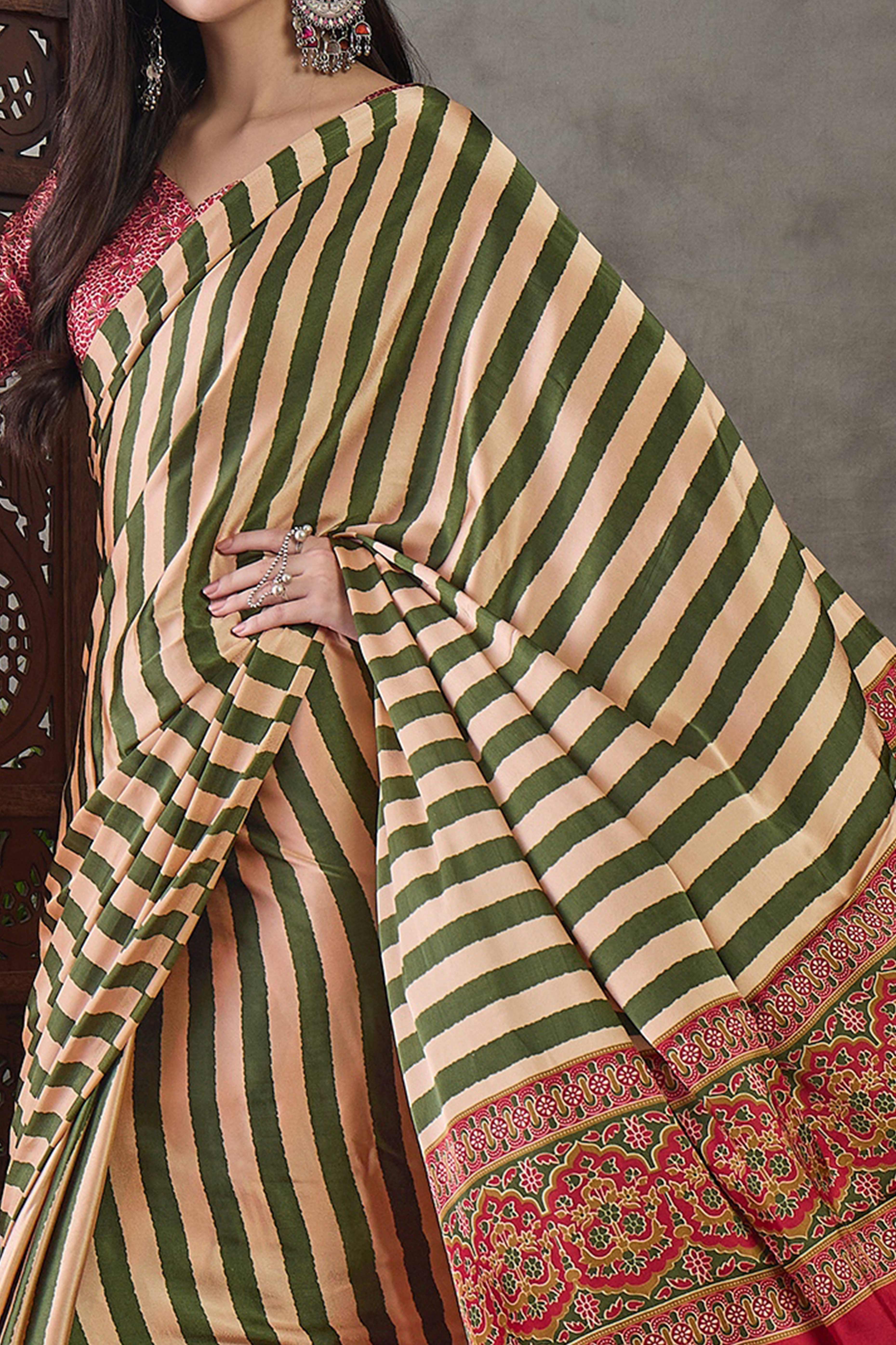 Green Modal Satin Saree with Stripe Design and Ajrakh Print on Pallu