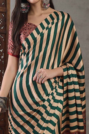 Green Modal Satin Saree with Subtle Stripe Design and Ajrakh Print on Pallu