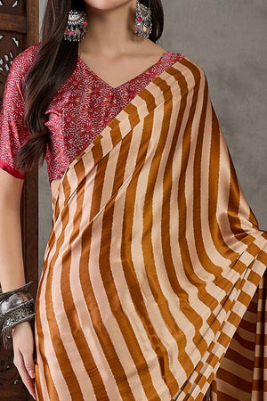 Yellow Modal Satin Saree with Subtle Stripe Design and Ajrakh Print on Pallu