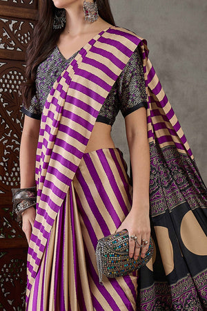 Purple Modal Satin Saree with Subtle Stripe Design and Ajrakh Print on Pallu