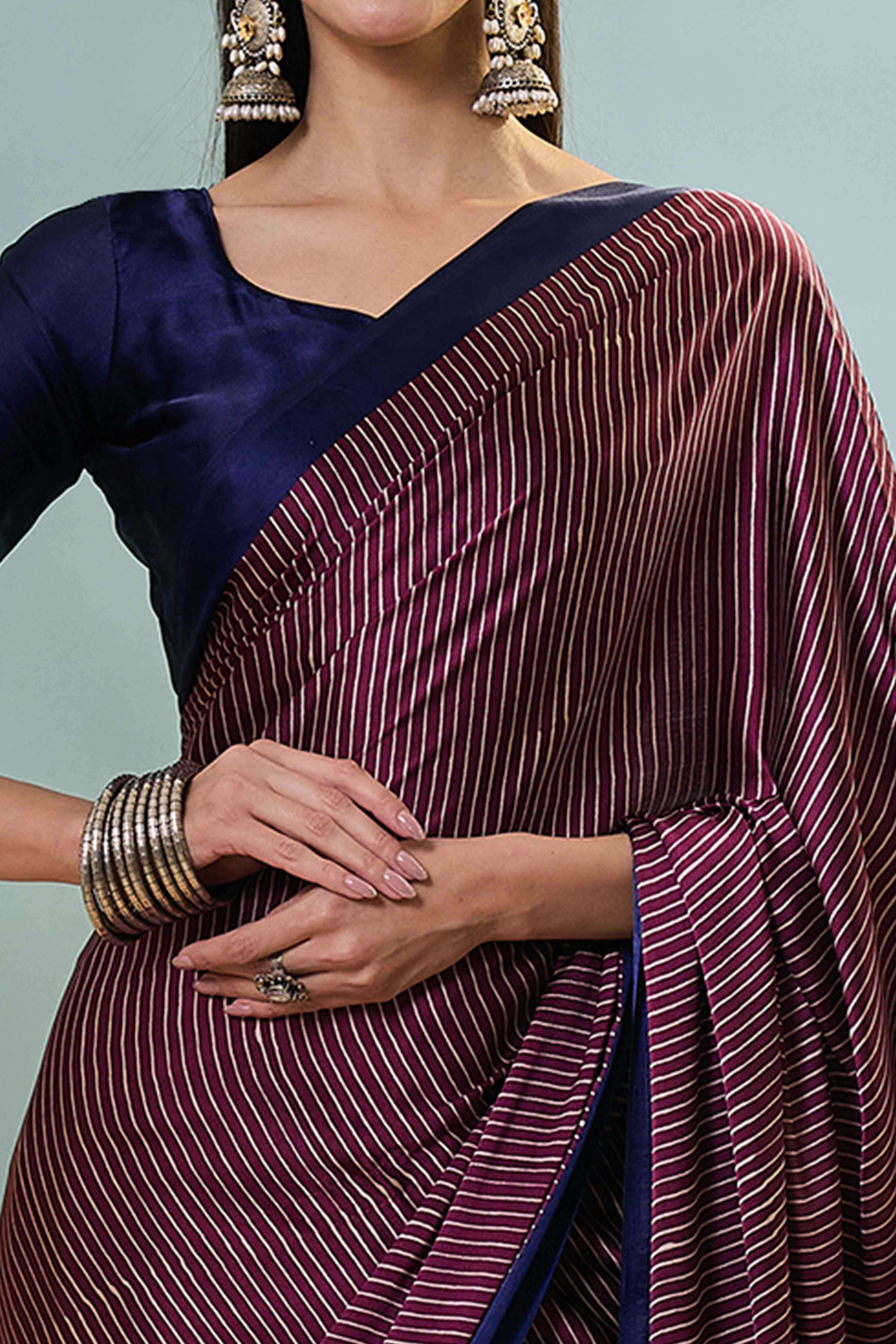 Wine Ajrakh Print Satin Saree With Traditional Charm