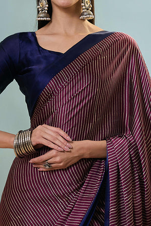 Wine Ajrakh Print Satin Saree With Traditional Charm