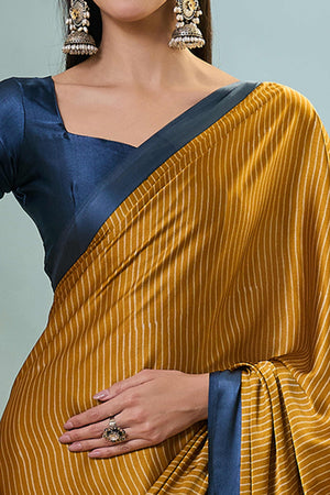 Mustard Ajrakh Print Satin Saree With Traditional Charm