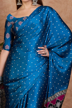 Blue Polka Dot Modal Satin Saree with Traditional Ajrakh Detailing on Pallu