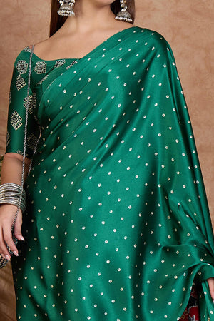 Green Polka Dot Modal Satin Saree with Traditional Ajrakh Detailing on Pallu