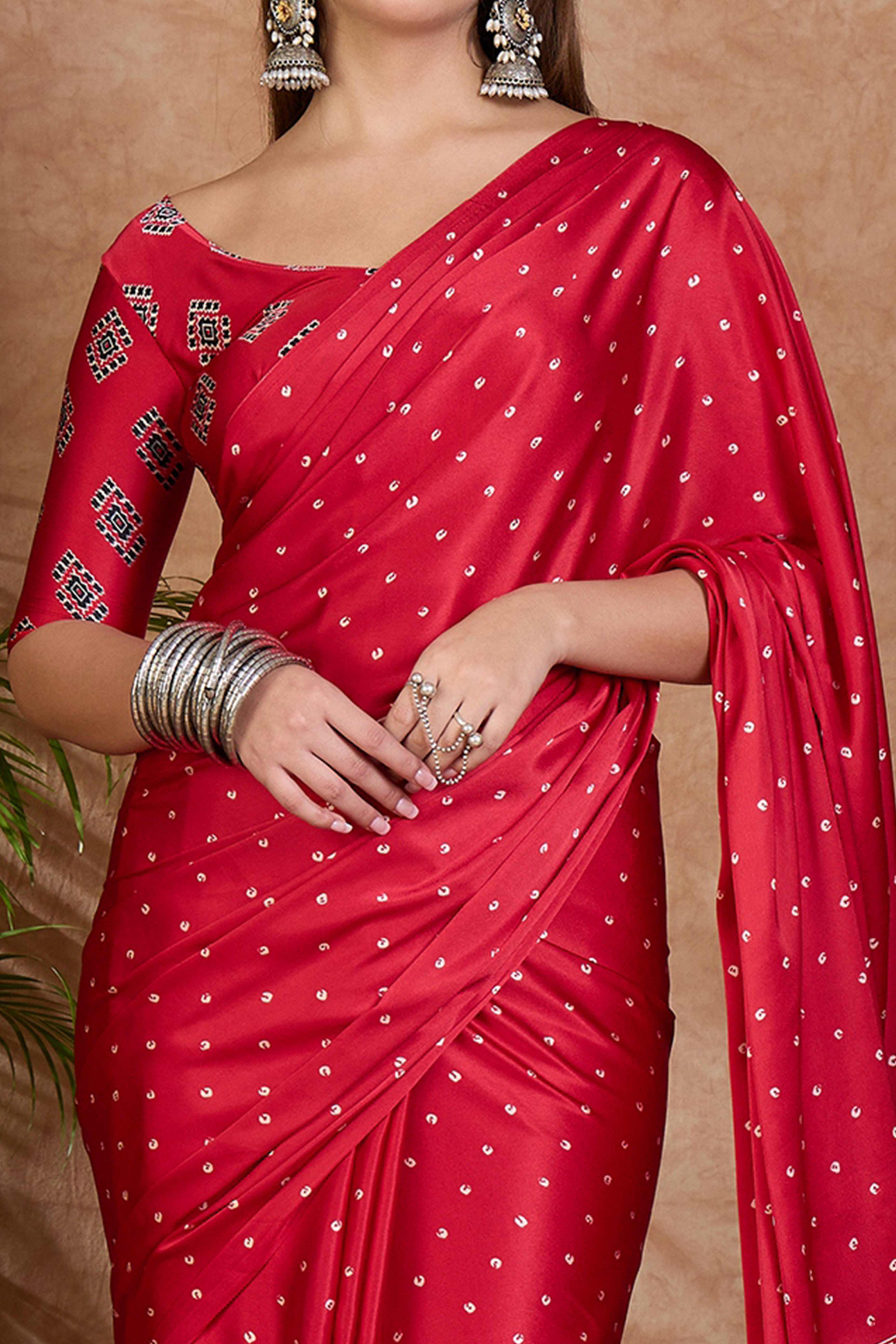 Red Polka Dot Modal Satin Saree with Traditional Ajrakh Detailing on Pallu