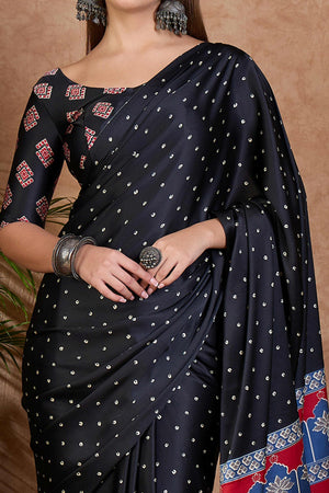 Black Polka Dot Modal Satin Saree with Traditional Ajrakh Detailing on Pallu