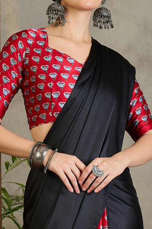 Red Solid Modal Satin Saree Highlighted with Classic Ajrakh Pallu Design