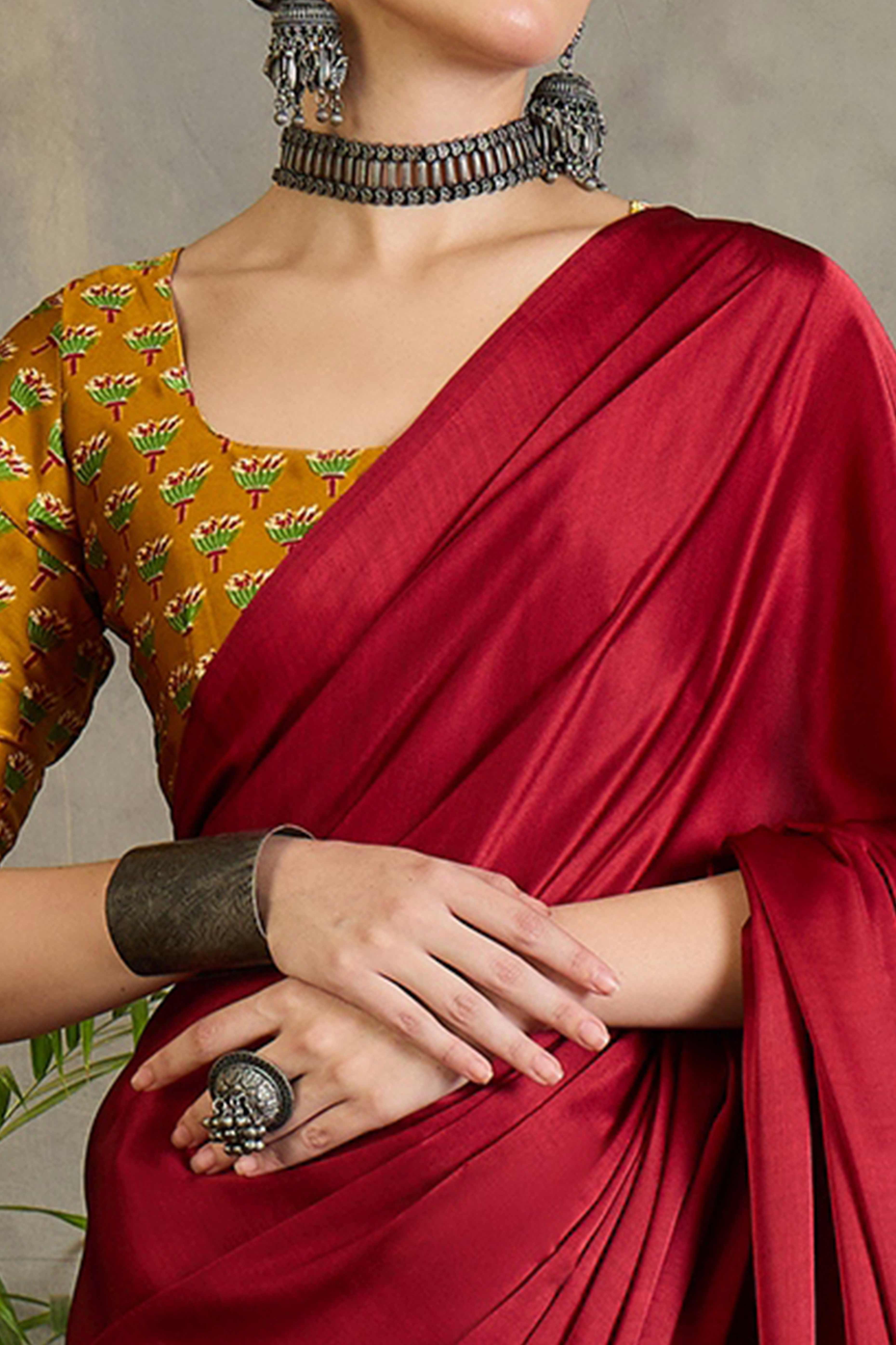 Yellow Solid Modal Satin Saree Highlighted with Classic Ajrakh Pallu Design
