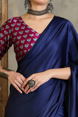 Wine Solid Modal Satin Saree Highlighted with Classic Ajrakh Pallu Design