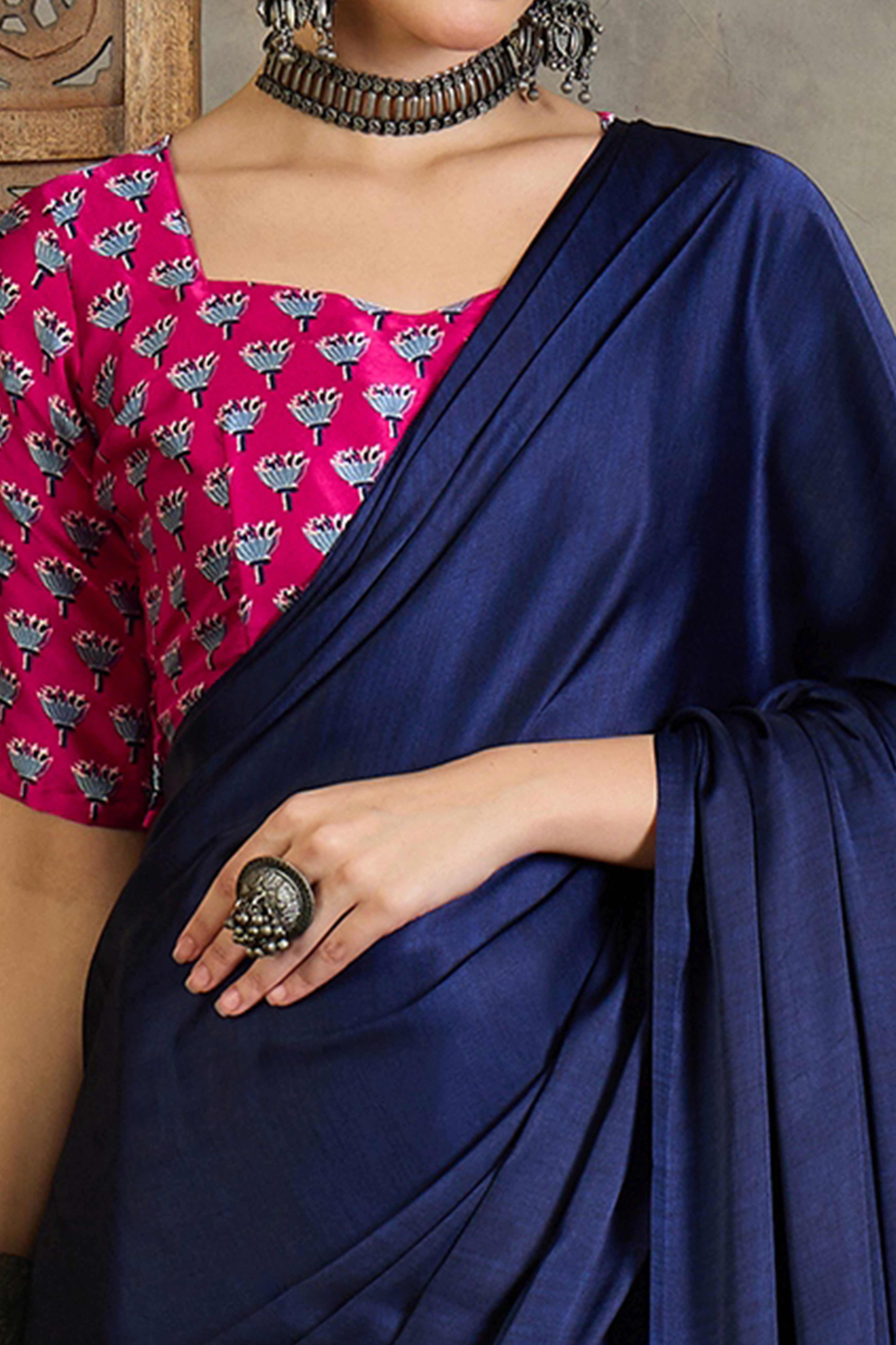 Pink Solid Modal Satin Saree Highlighted with Classic Ajrakh Pallu Design