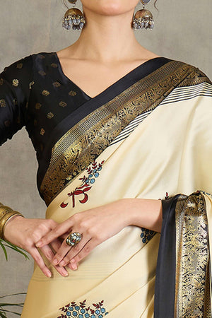 Cream Floral Printed Modal Satin Saree with Traditional Zari Detailing