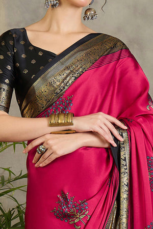Red Floral Printed Modal Satin Saree with Traditional Zari Detailing