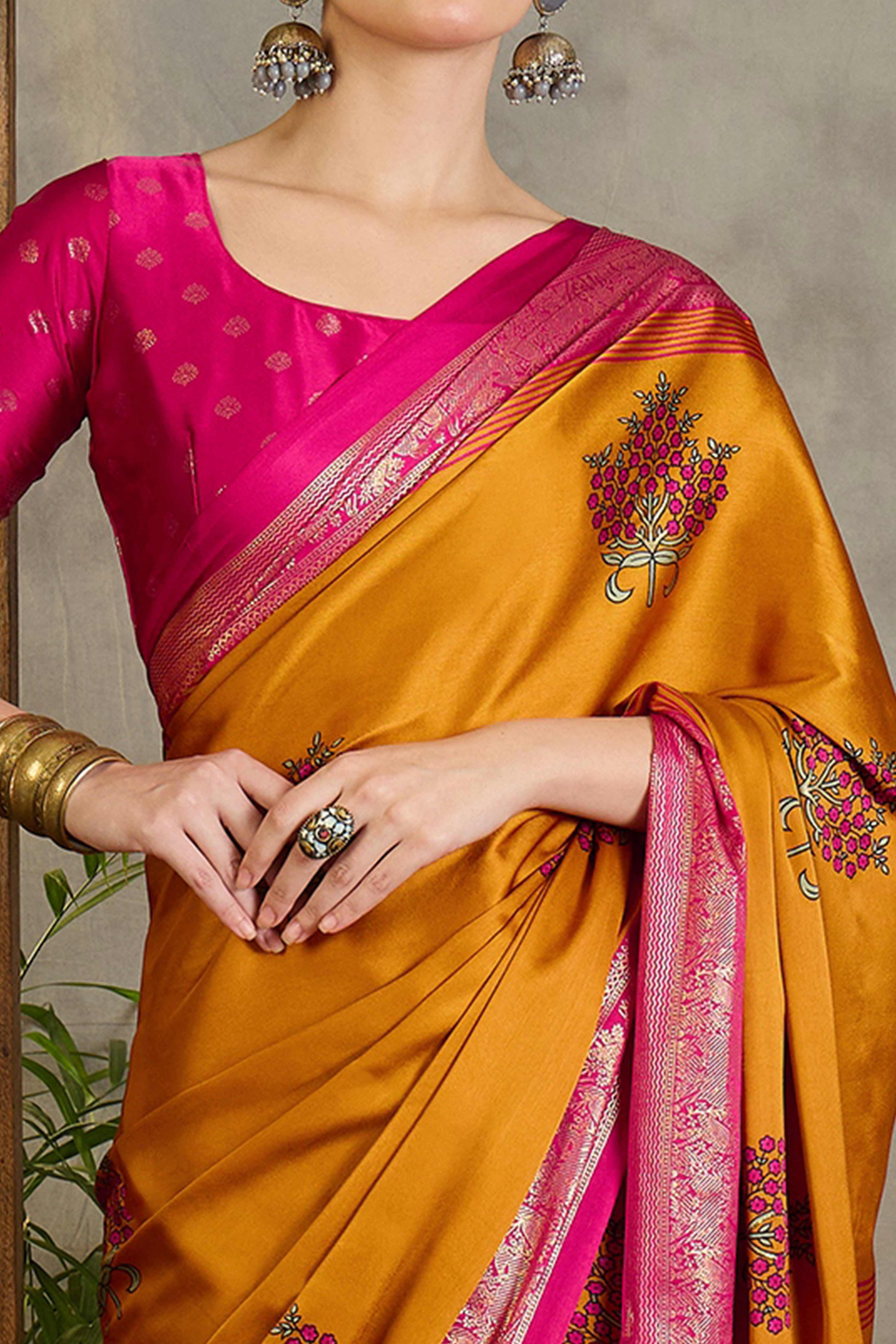 Mustard Floral Printed Modal Satin Saree with Traditional Zari Detailing