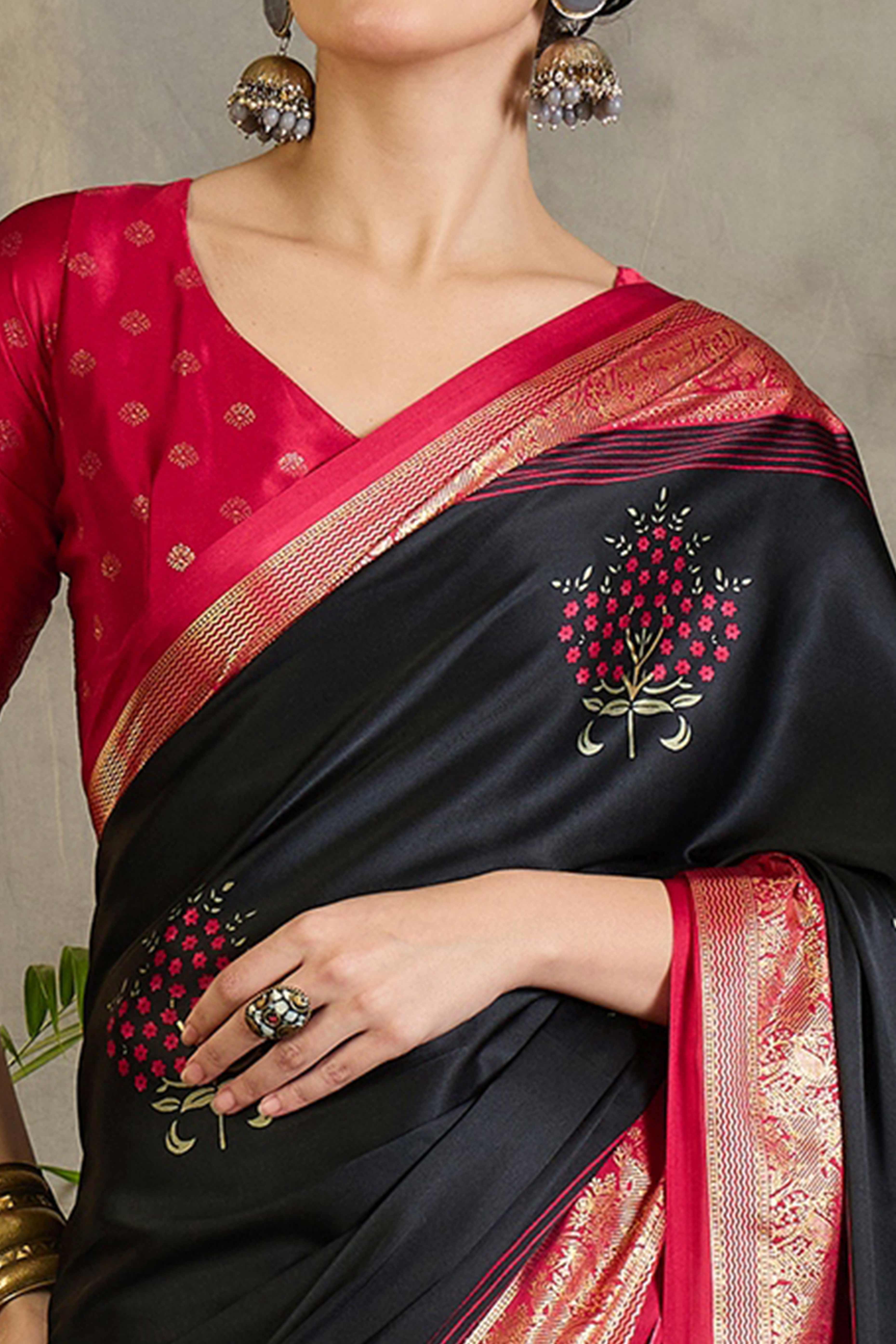 Black Floral Printed Modal Satin Saree with Traditional Zari Detailing