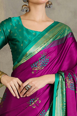 Magenta Floral Printed Modal Satin Saree with Traditional Zari Detailing