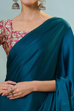 Blue Solid Modal Satin Saree Highlighted With Classic Ajrakh Pallu Design