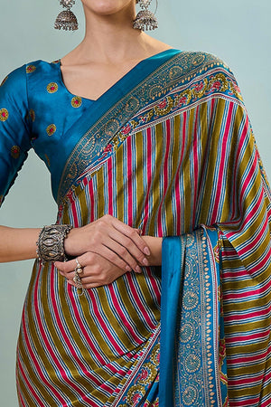 Modern Teal Striped Printed Modal Satin Saree with Luxurious Flow and Shine
